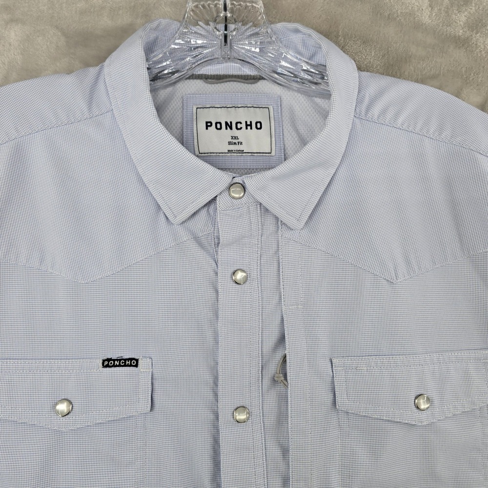 Poncho Western Shirt Mens 2XL Slim Blue Short Sleeve Pearl Snap Performance